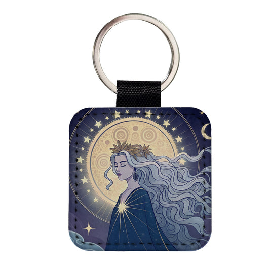 Moon Goddess Cosmic Tarot Square Faux Leather Keychain