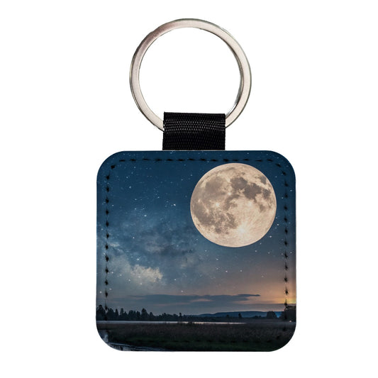Moonlit River Night Landscape Square Faux Leather Keychain