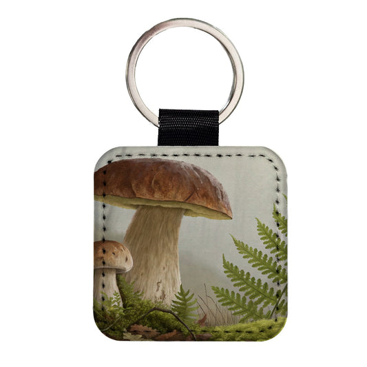 Mushroom Fern Botanical Art Square Faux Leather Keychain