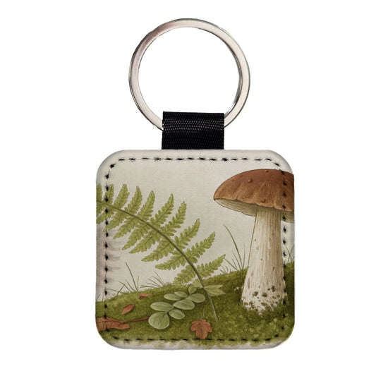 Mushroom Fern Nature Illustration Square Faux Leather Keychain