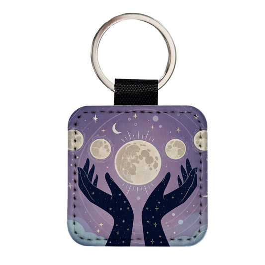 Mystical Moon Phases Square Faux Leather Keychain
