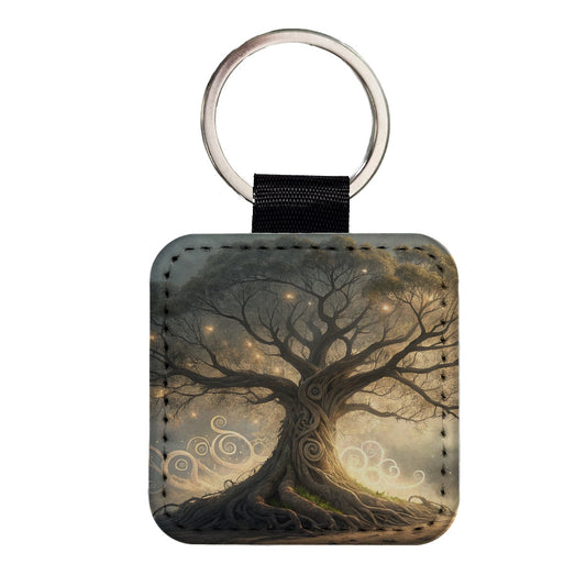 Mystical Tree Of Life Square Faux Leather Keychain