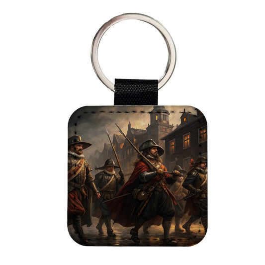 Night Watch Rembrandt Inspired Square Faux Leather Keychain