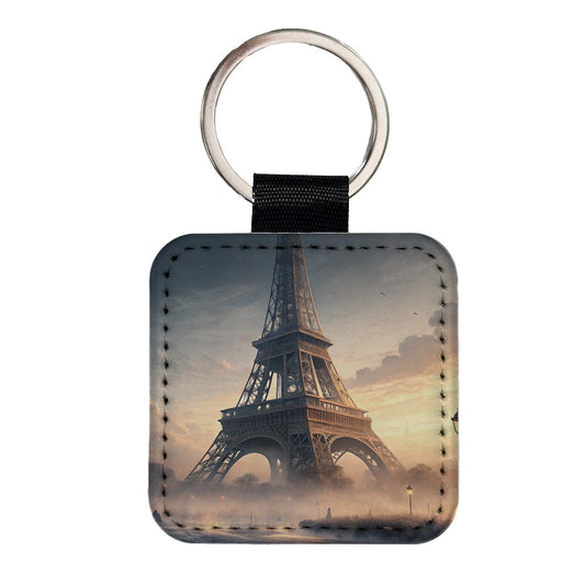 Paris France Eiffel Tower Mist Square Faux Leather Keychain