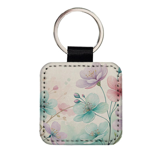 Pastel Flowers Botanical Art Square Faux Leather Keychain