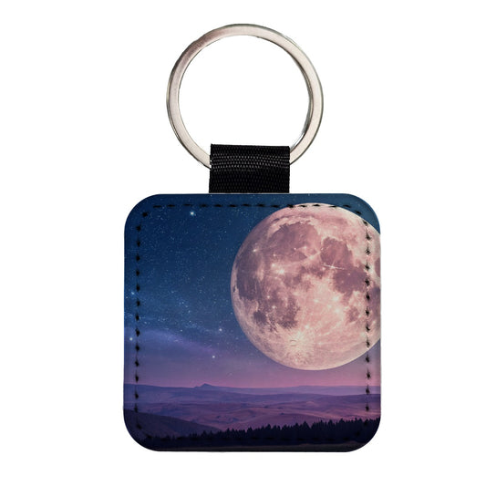 Pastel Moon At Night Square Faux Leather Keychain