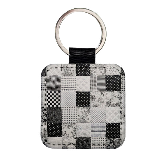 Patchwork Quilt Black White Square Faux Leather Keychain