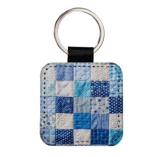 Patchwork Quilt Blue Square Faux Leather Keychain