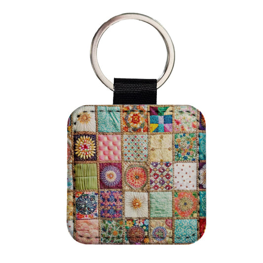 Patchwork Quilt Bohemian Square Faux Leather Keychain