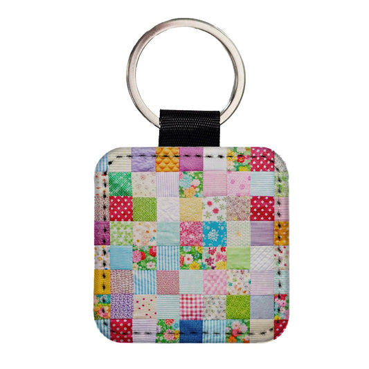 Patchwork Quilt Colorful Square Faux Leather Keychain