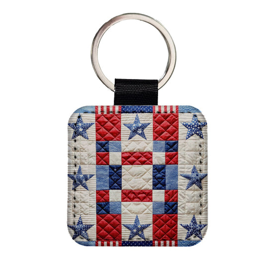 Patchwork Quilt Patriotic Square Faux Leather Keychain