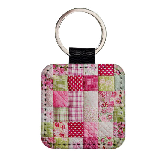 Patchwork Quilt Pink Square Faux Leather Keychain