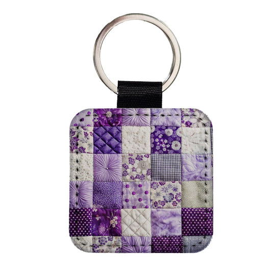 Patchwork Quilt Purple Square Faux Leather Keychain