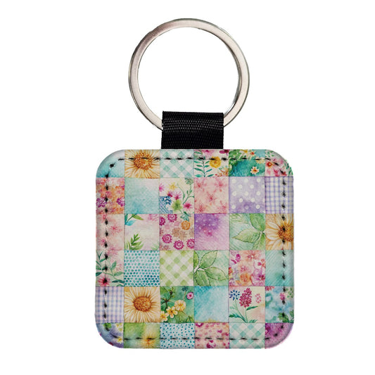 Patchwork Quilt Watercolor Square Faux Leather Keychain