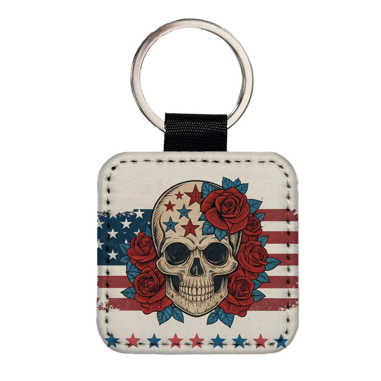 Patriotic Skull American Flag Distressed Square Faux Leather Keychain