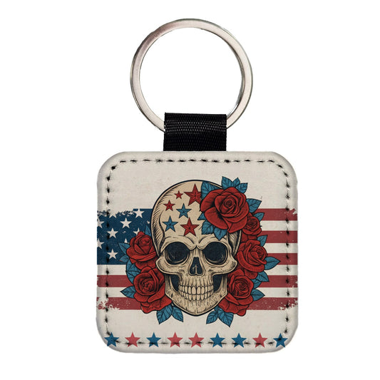 Patriotic Skull American Flag Distressed Square Faux Leather Keychain