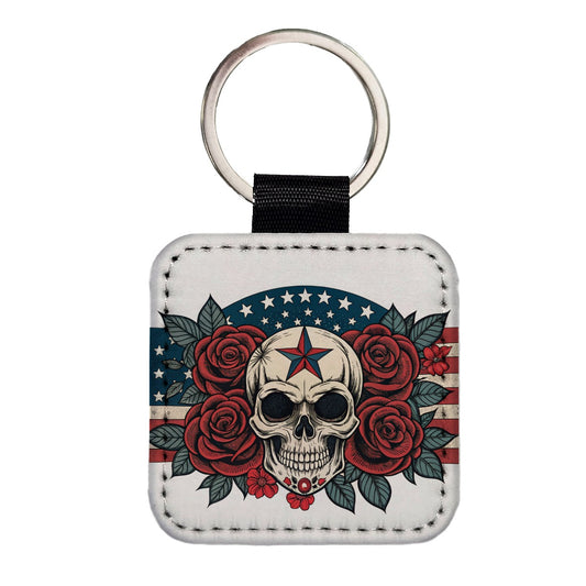 Patriotic Skull USA American Flag Square Faux Leather Keychain