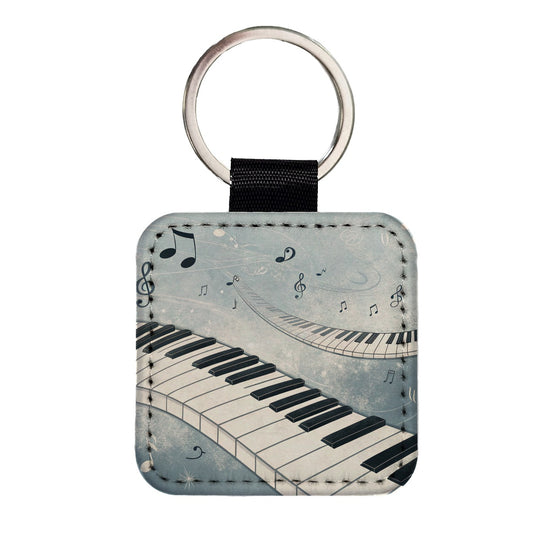 Piano Music Flowing Keys Square Faux Leather Keychain