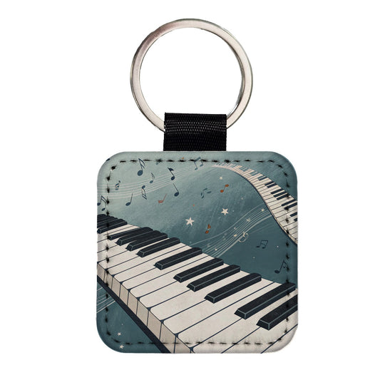Piano Music Wave Square Faux Leather Keychain