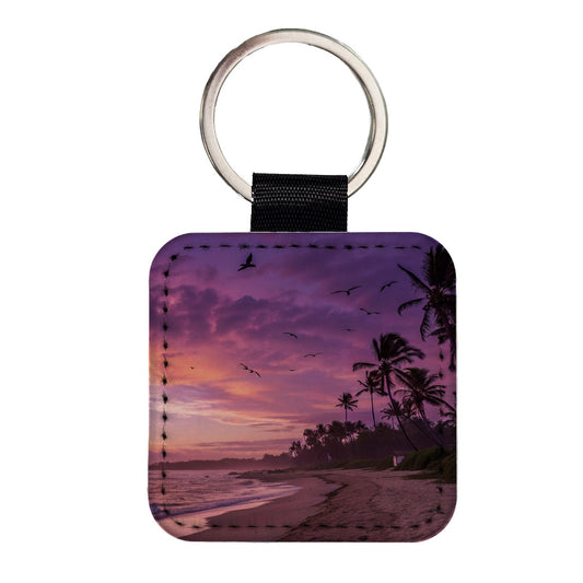 Purple Sunset On Beach Square Faux Leather Keychain