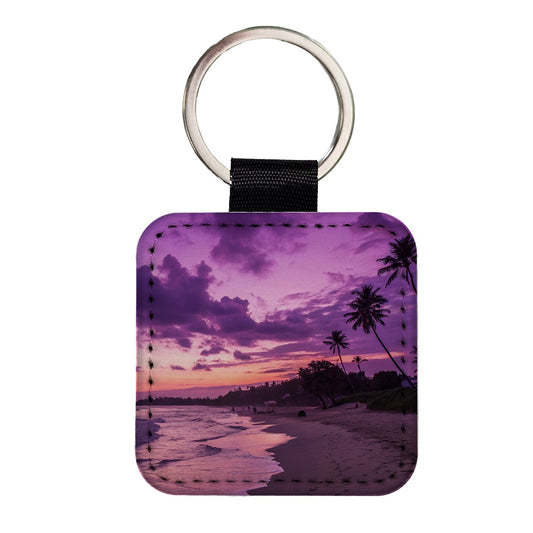 Purple Sunset Seascape Beach Square Faux Leather Keychain