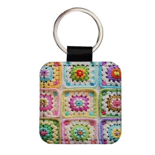 Rainbow Crochet Granny Squares Square Faux Leather Keychain
