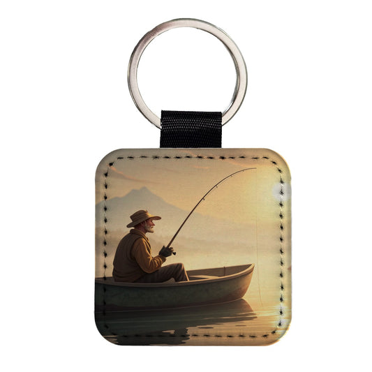 Relaxed Fisherman Lake Sunrise Square Faux Leather Keychain