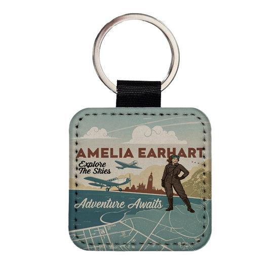 Retro Amelia Earhart Flight Adventure Square Faux Leather Keychain