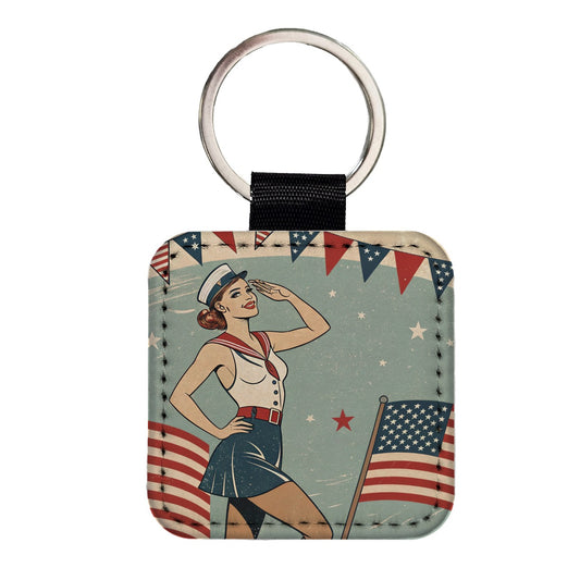 Retro Patriotic Pinup Style USA America Square Faux Leather Keychain