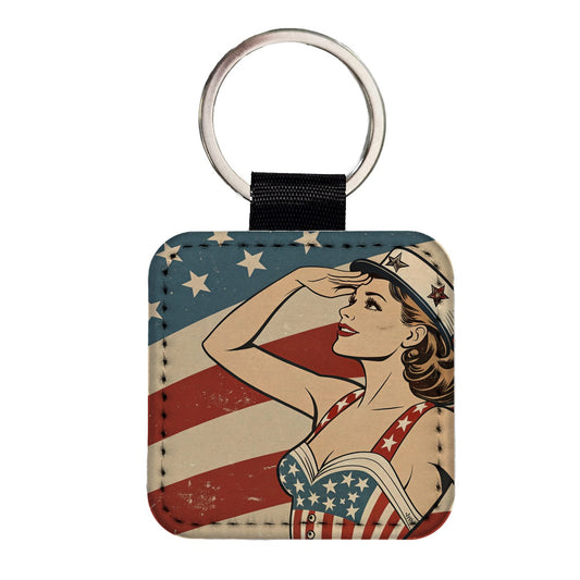 Retro Patriotic Sailor Pinup USA America Square Faux Leather Keychain