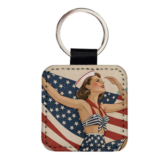 Retro Summer Sailor Pinup USA America Square Faux Leather Keychain