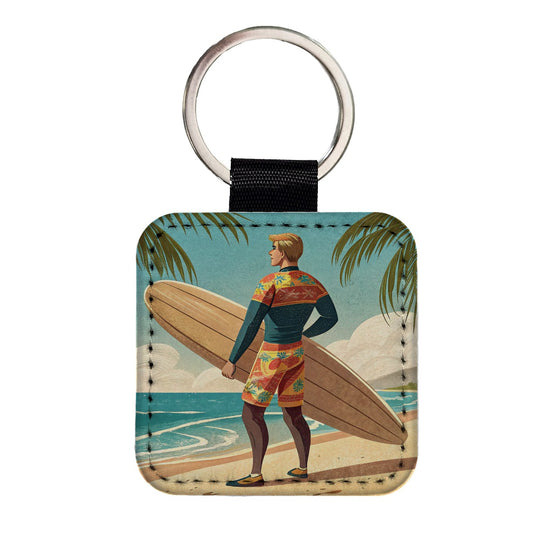 Retro Surfer Beach Scene Square Faux Leather Keychain
