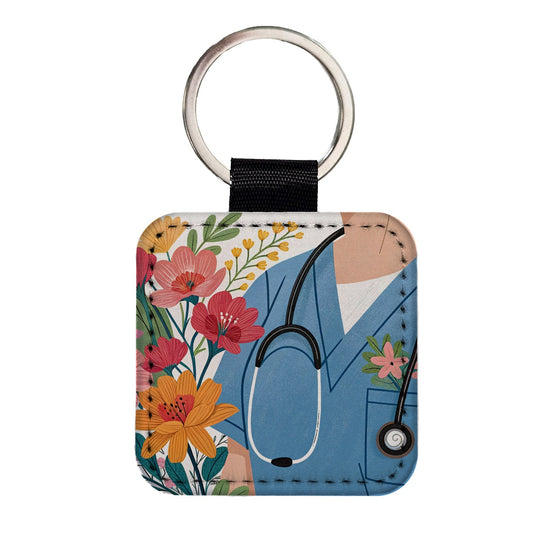 RN LVN Floral Nurse Square Faux Leather Keychain