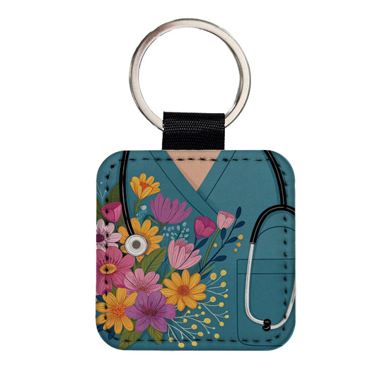RN LVN Nurse Flowers Square Faux Leather Keychain