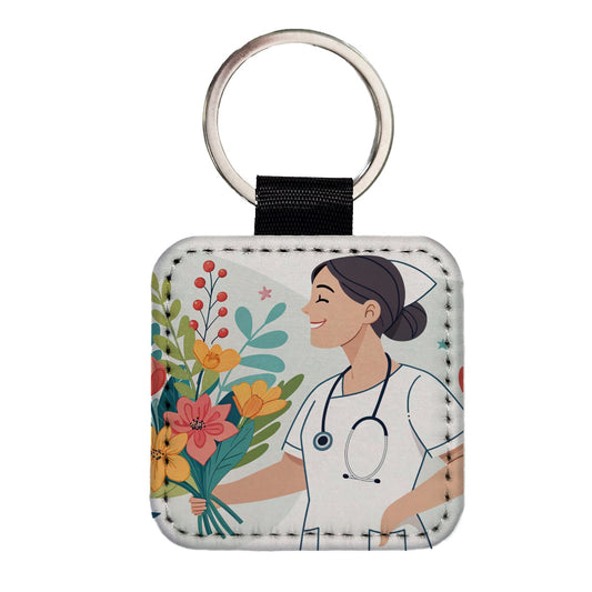 RN LVN Nurse Nursing Flowers Square Faux Leather Keychain