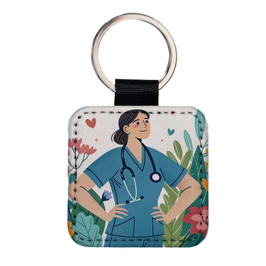 RN LVN Wildflower Nurse Square Faux Leather Keychain