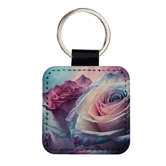 Roses Flowers Blooms Square Faux Leather Keychain