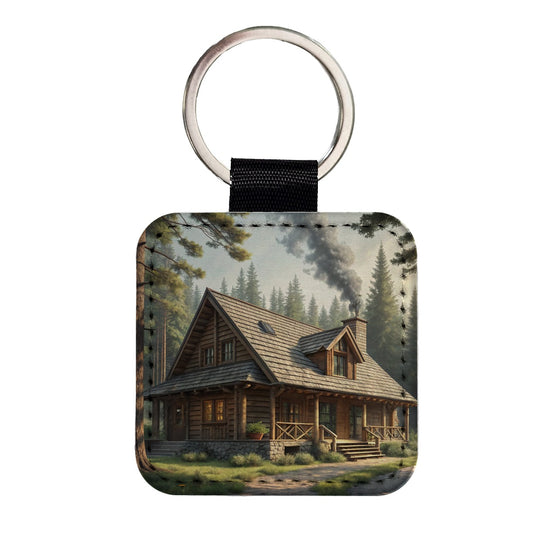 Rustic Hunting Lodge Log Cabin Square Faux Leather Keychain