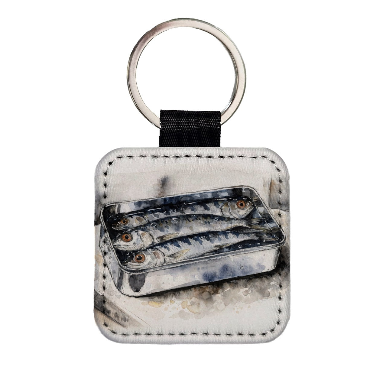 Sardines Fish In Tin Watercolor Square Faux Leather Keychain