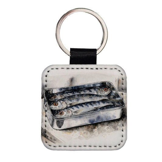 Sardines Fish In Tin Watercolor Square Faux Leather Keychain