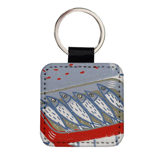 Sardines Fish In Tin Square Faux Leather Keychain