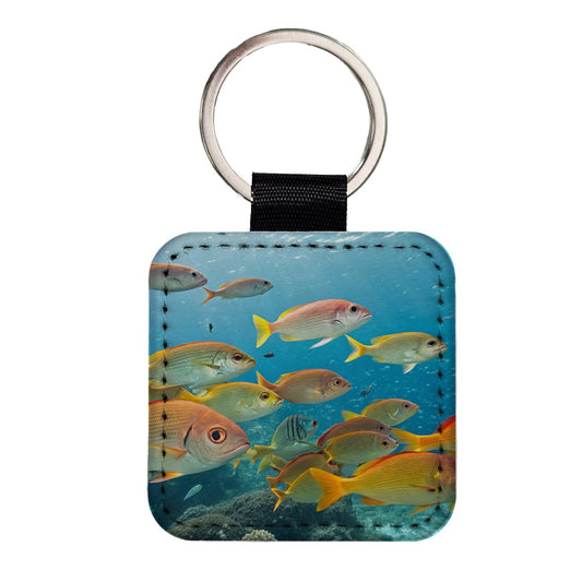 School of Fish Underwater Tropical Square Faux Leather Keychain
