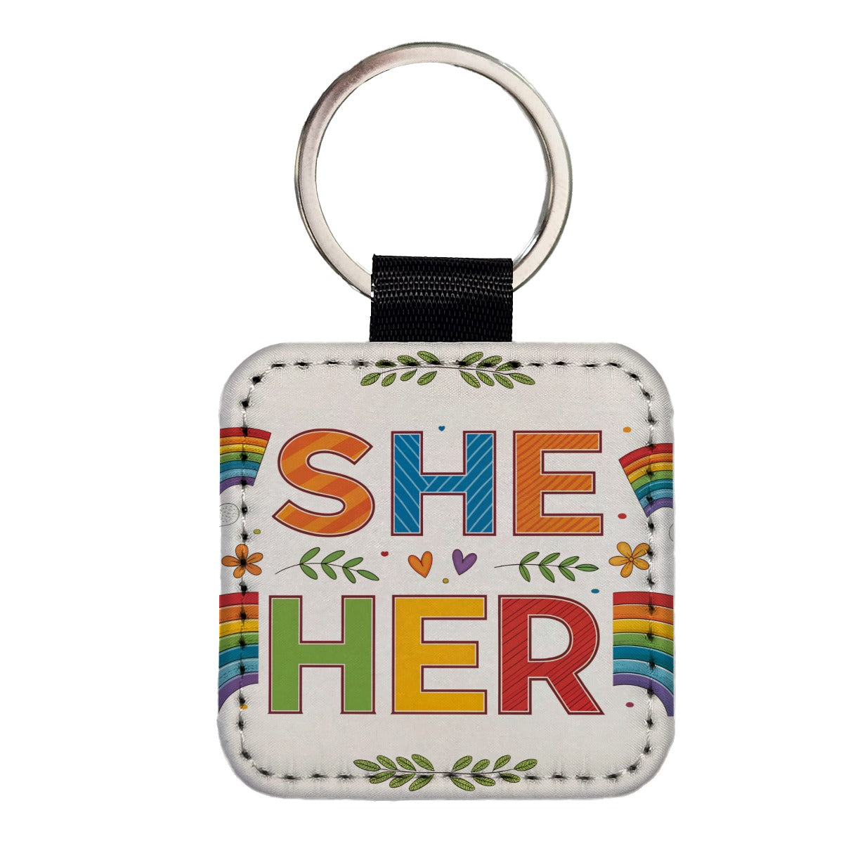 She Her Rainbow Pride Square Faux Leather Keychain