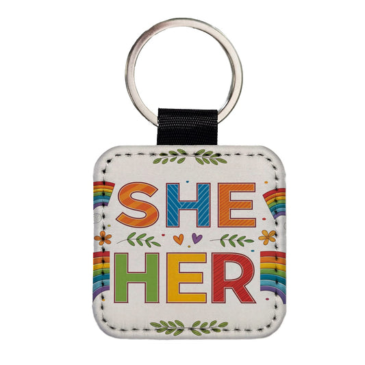 She Her Rainbow Pride Square Faux Leather Keychain