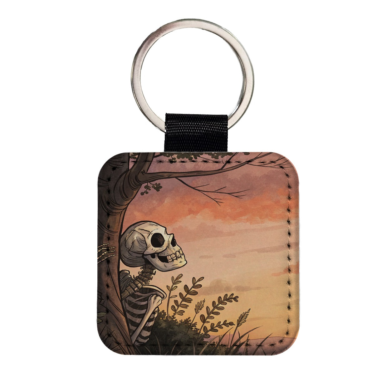 Skeleton Meadow Sunset Halloween Square Faux Leather Keychain