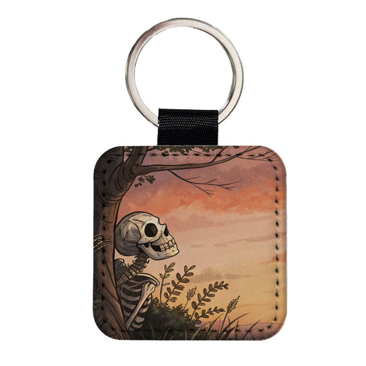Skeleton Meadow Sunset Halloween Square Faux Leather Keychain