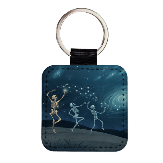 Skeleton Moon Dance Halloween Square Faux Leather Keychain