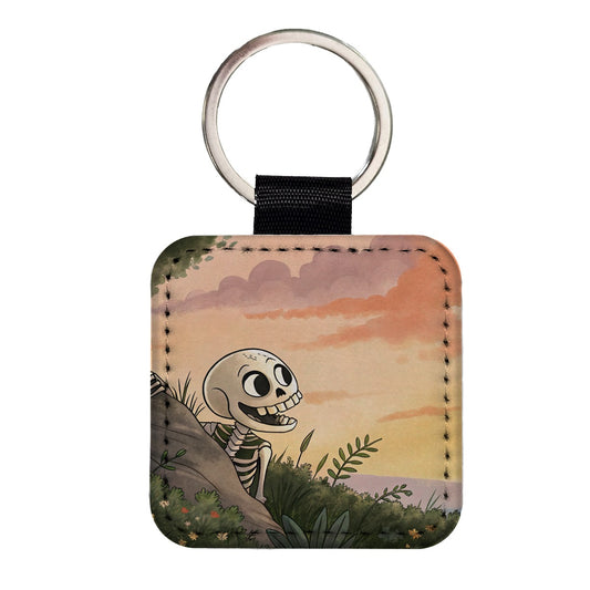 Skeleton Tree Sunset Halloween Square Faux Leather Keychain