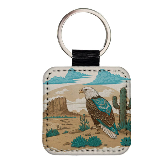 Southwestern Bald Eagle Desert Square Faux Leather Keychain
