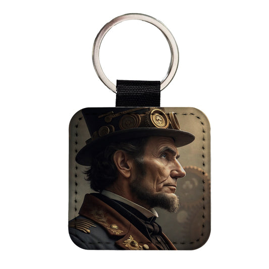Steampunk Abraham Lincoln Portrait Square Faux Leather Keychain